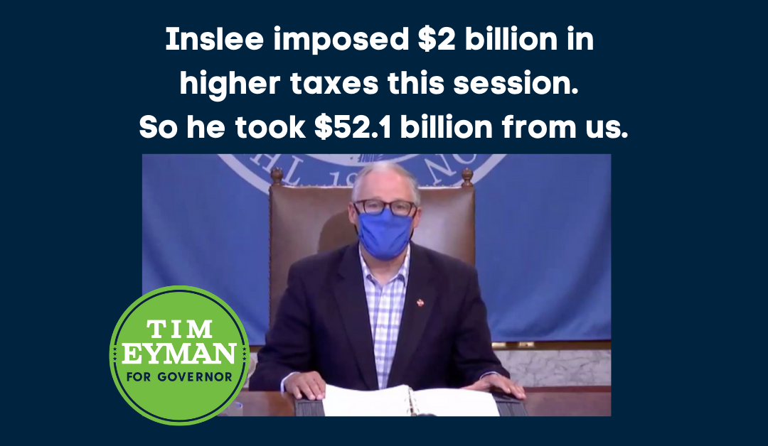 WATCH ME ON FACEBOOK LIVE TONIGHT 6PM — lots to talk about. Inslee imposed $2 billion in higher taxes this session. So he took $52.1 billion from us.